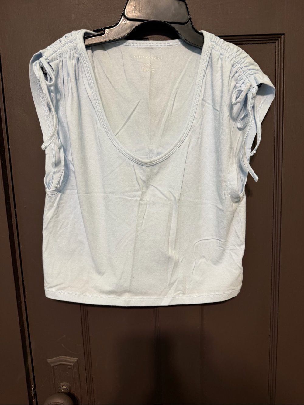 American Eagle Outfitters Light Blue Ruched Sleeve Scoop Neck Tee